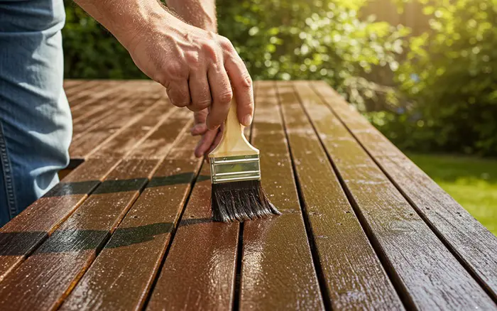 applying concrete stain on wood deck