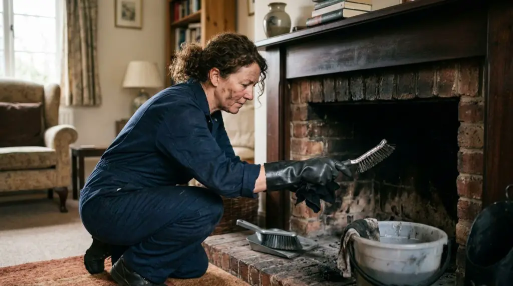 cleaning fireplace soot and wood nearby