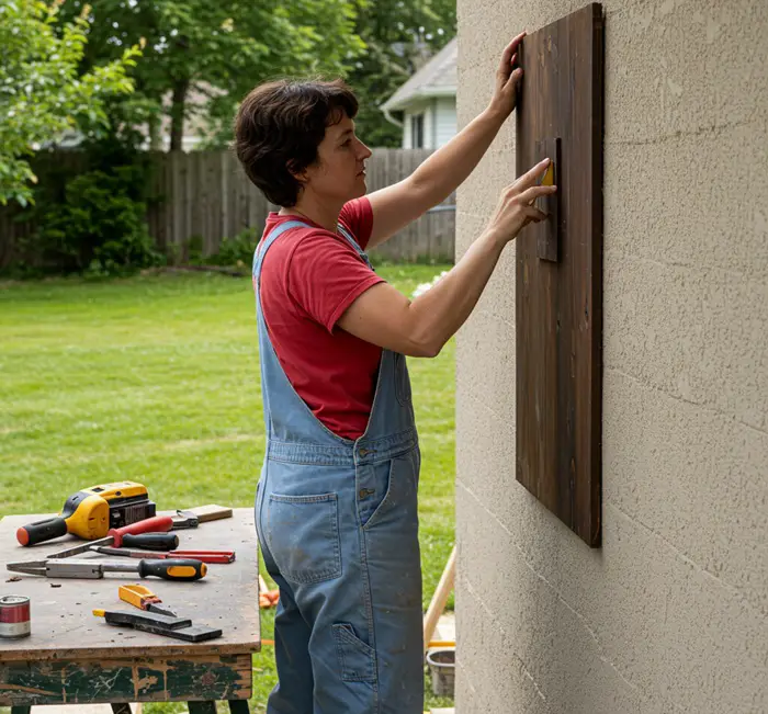 wooden board to the stuccoed wall