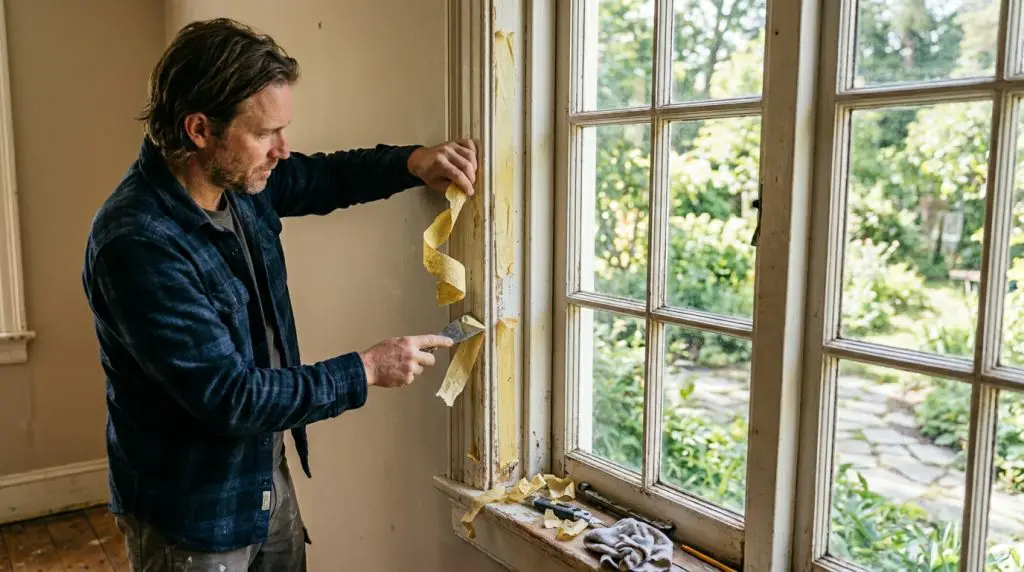 remove old masking tape from wooden window frame